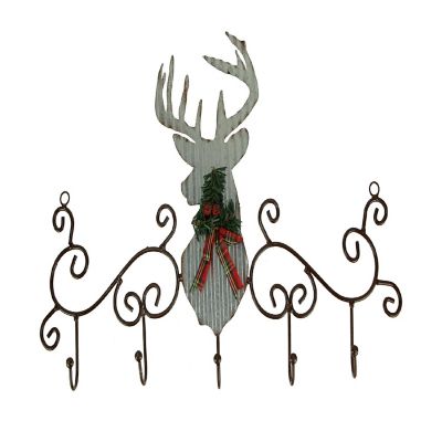Zeckos Metal Art Scroll Rustic Deer with Pine and Bow Wall Hook Rack Image 1