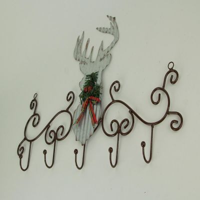 Zeckos Metal Art Scroll Rustic Deer with Pine and Bow Wall Hook Rack Image 1