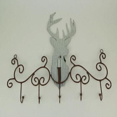 Zeckos Metal Art Scroll Rustic Deer with Pine and Bow Wall Hook Rack Image 2