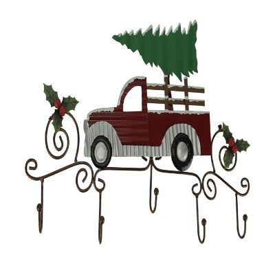 Zeckos Metal Art Scroll Rustic Red Truck with Tree and Holly Wall Hook Rack Image 1