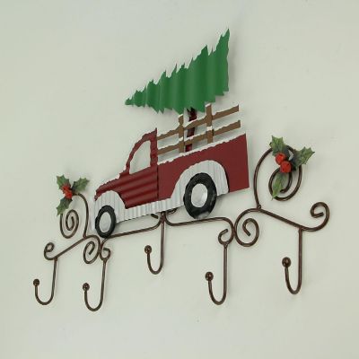 Zeckos Metal Art Scroll Rustic Red Truck with Tree and Holly Wall Hook Rack Image 1