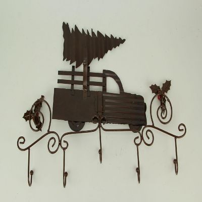 Zeckos Metal Art Scroll Rustic Red Truck with Tree and Holly Wall Hook Rack Image 2