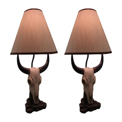 Zeckos Set of 2 Cattle Ranch Bovine Cow Skull Decorative Table Lamps with Fabric Shades Image 1