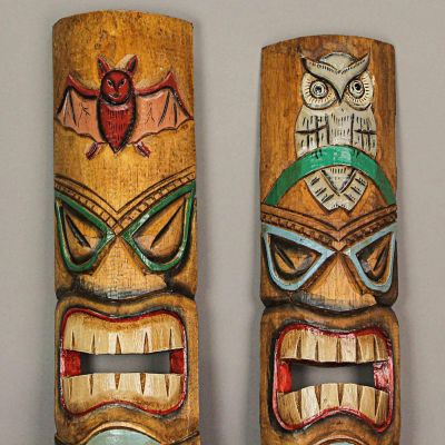 Zeckos Set of 2 Double Tiki Mask Bat & Owl Totem Hand Carved Wall Decor Sculpture 40 Inch Image 1