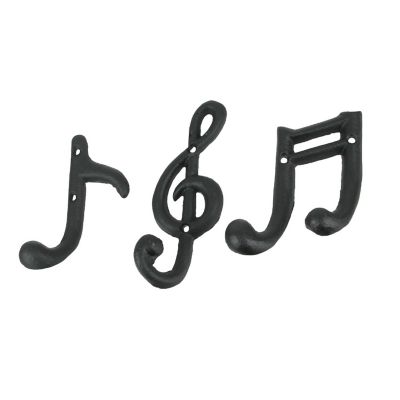 Zeckos Set of 3 Black Cast Iron Musical Note Wall Hooks Decorative Music Room Decor Image 1