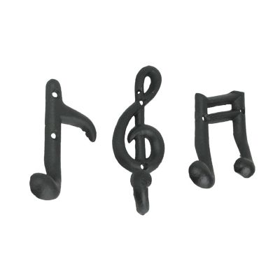 Zeckos Set of 3 Black Cast Iron Musical Note Wall Hooks Decorative Music Room Decor Image 1