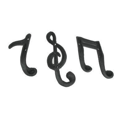 Zeckos Set of 3 Black Cast Iron Musical Note Wall Hooks Decorative Music Room Decor Image 2