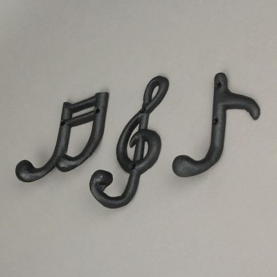 Zeckos Set of 3 Black Cast Iron Musical Note Wall Hooks Decorative Music Room Decor Image 3