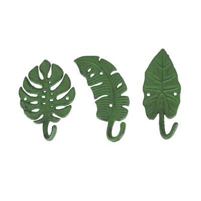 Zeckos Set of 3 Cast Iron Green Tropical Leaf Decorative Wall Hooks Towel Hanger Rack Image 1