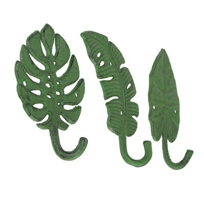 Zeckos Set of 3 Cast Iron Green Tropical Leaf Decorative Wall Hooks Towel Hanger Rack Image 1