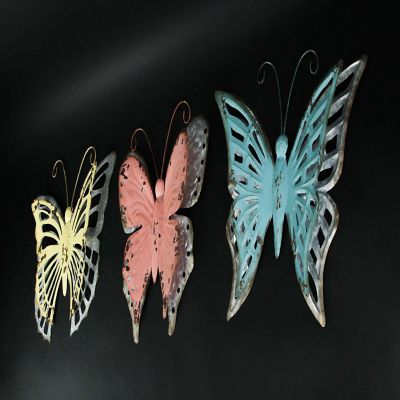 Zeckos Set of 3 Distressed Finish Metal Butterfly Wall Hangings Galvanized Zinc Accents Image 1