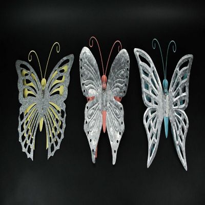 Zeckos Set of 3 Distressed Finish Metal Butterfly Wall Hangings Galvanized Zinc Accents Image 2