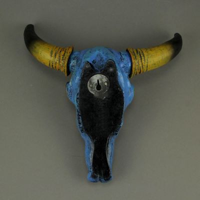 Zeckos Turquoise Blue Bull Skull Wall Sculpture - Southwestern Decor Accent - 13 Inches High - Resin Steer Head - Unique Tie-Dye Pattern - Eye-Catching Home Art Image 2