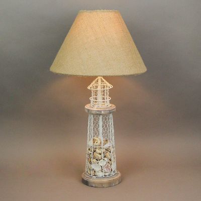 Zeckos White and Gray Seashell Filled Lighthouse Table Lamp with Burlap Shade Image 1