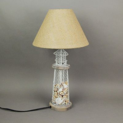 Zeckos White and Gray Seashell Filled Lighthouse Table Lamp with Burlap Shade Image 3