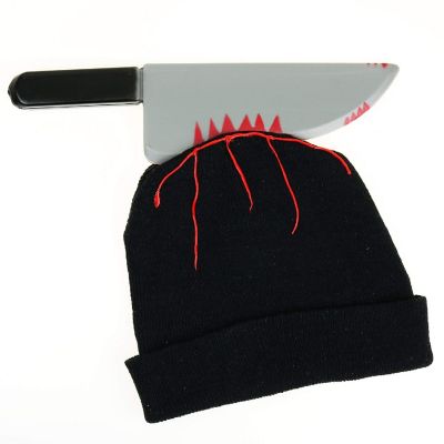Zombie Scary Knife Hat - Bloody Zombies Horror Costume Accessories Beanie Hat with Large Butcher Weapon Black Image 1