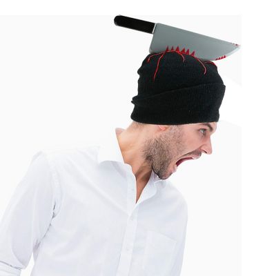 Zombie Scary Knife Hat - Bloody Zombies Horror Costume Accessories Beanie Hat with Large Butcher Weapon Black Image 1