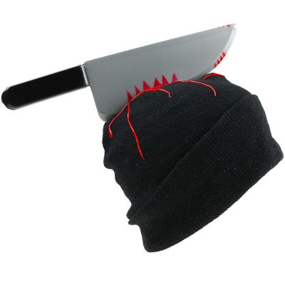 Zombie Scary Knife Hat - Bloody Zombies Horror Costume Accessories Beanie Hat with Large Butcher Weapon Black Image 2