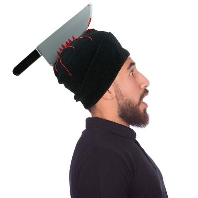 Zombie Scary Knife Hat - Bloody Zombies Horror Costume Accessories Beanie Hat with Large Butcher Weapon Black Image 3