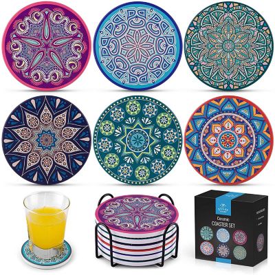 Zulay Kitchen Mandala Coasters with Holder & Cork Base - Set Of 6 Image 1
