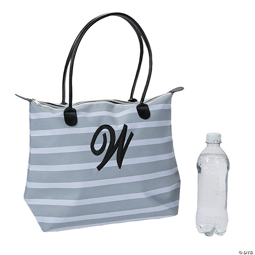 12 1/4" x 11 1/2" Monogrammed Striped Nylon Tote Bag with Black Embroidery Image
