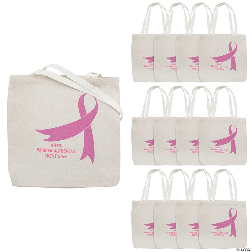 12 3/4" x 12 3/4" Personalized Medium Awareness Ribbon Canvas Tote Bags - 12 Pc. Image Thumbnail