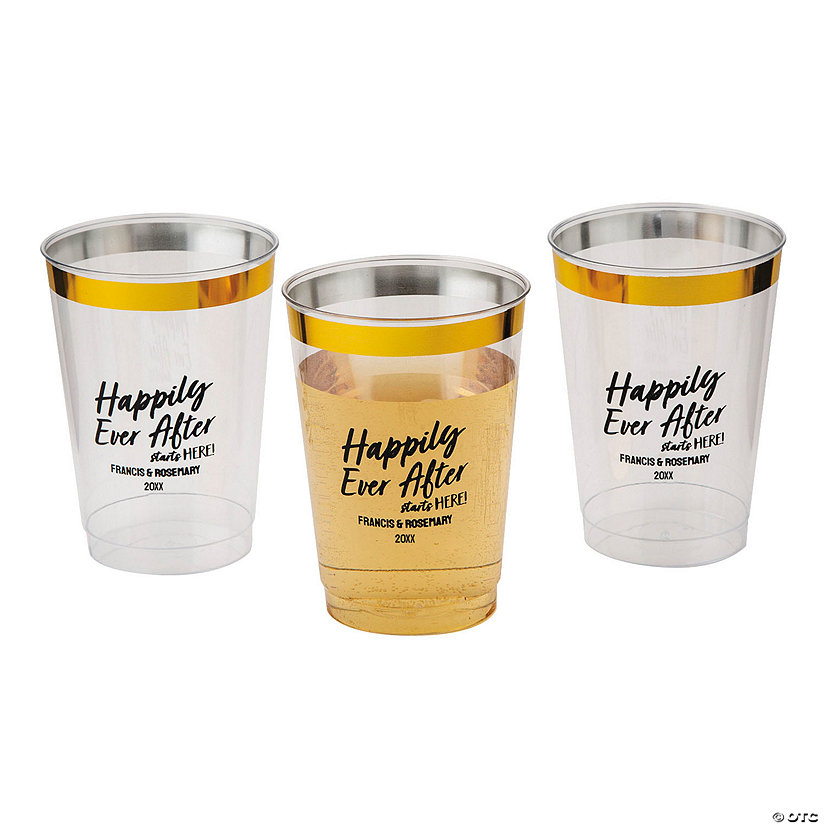 12 oz. Bulk 50 Ct. Personalized Happily Ever After Gold Rim Clear Disposable Plastic Cups Image Thumbnail