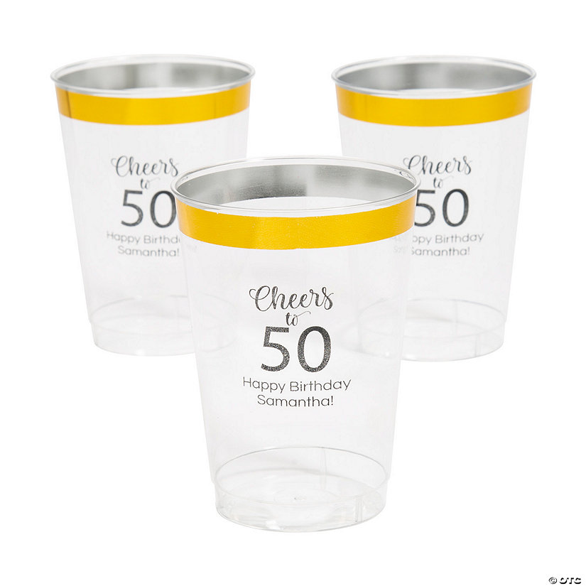 12 oz. Bulk 50 Ct. Personalized Milestone Birthday Clear Disposable Plastic Cups with Gold Trim Image Thumbnail