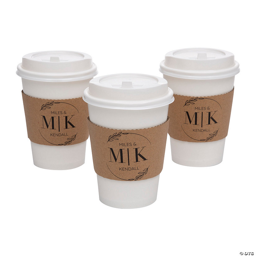 12 oz. Personalized Initials Disposable Paper Coffee Cups with Lids & Sleeves - 48 Ct. Image