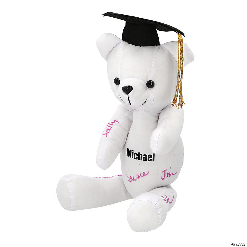 12" Personalized Graduation Autograph White Stuffed Bear with Cap Image