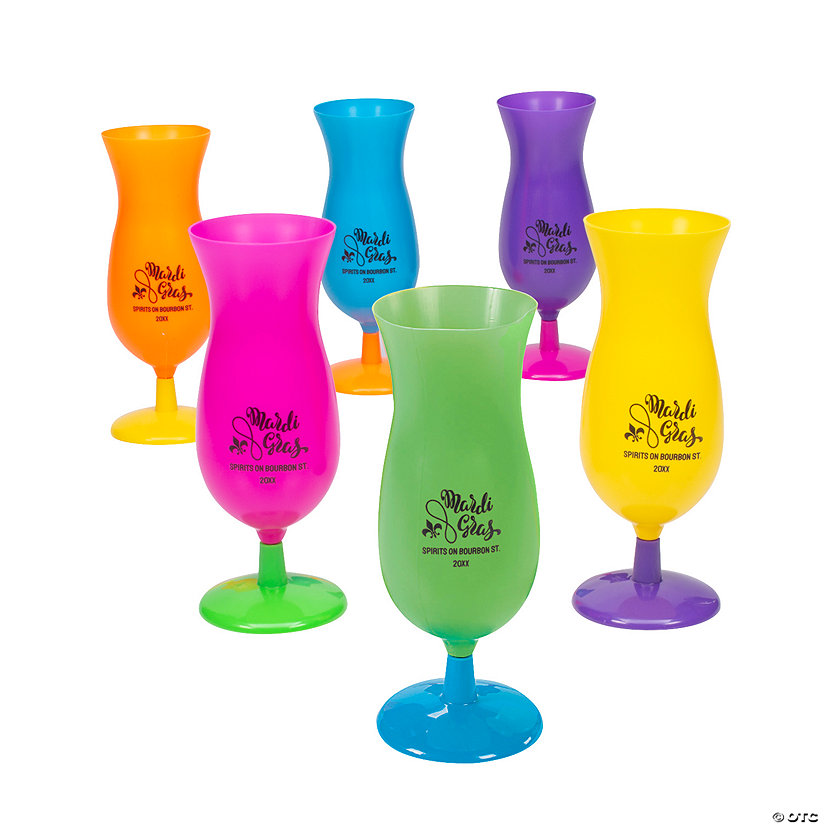 14 oz. Bulk 48 Pc. Personalized Mardi Gras Reusable Plastic Hurricane Glasses Image Thumbnail