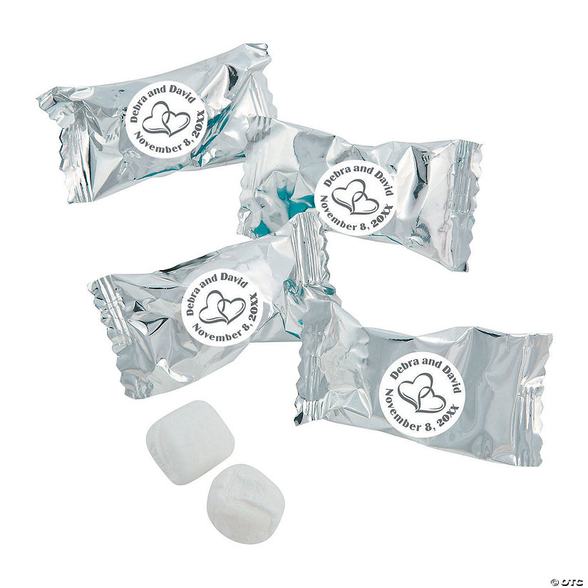 14 oz. Personalized Silver Two Hearts Wedding Wrapped Classic Buttermints &amp;#8211; 108 Pc.  Image