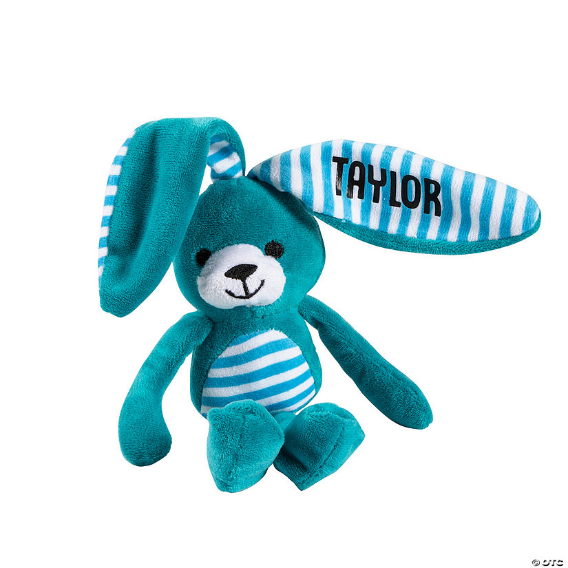 14" Personalized Easter Wired Long Ear Teal Striped Stuffed Bunny Image Thumbnail