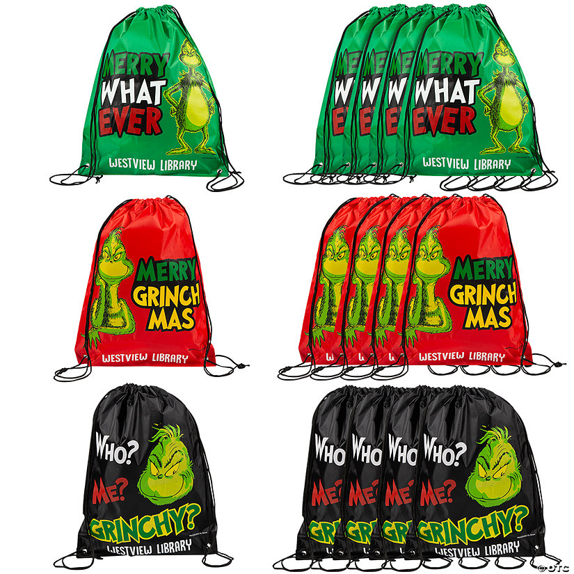14" x 18" Personalized Large Dr. Seuss&#8482; The Grinch Merry Grinchmas Nylon Drawstring Bags - 12 Pc. Image Thumbnail