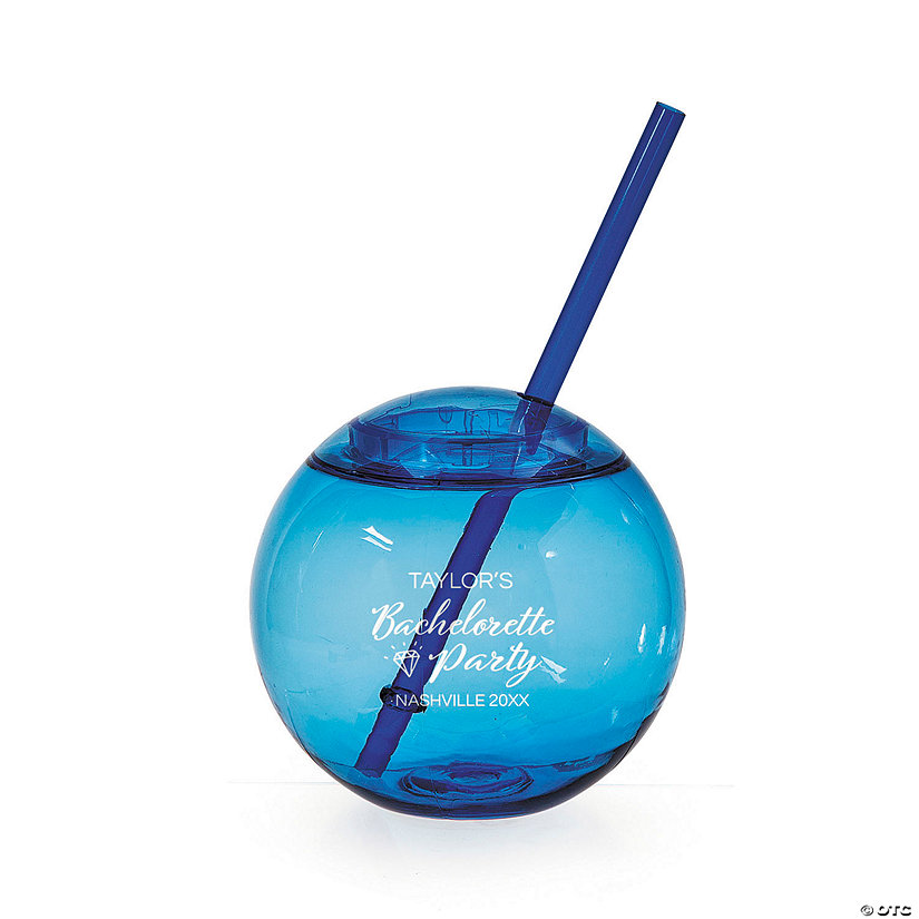 15 oz. Personalized Blue Round Bachelorette Party Reusable Plastic Cups with Lids & Straws - 50 Ct. Image
