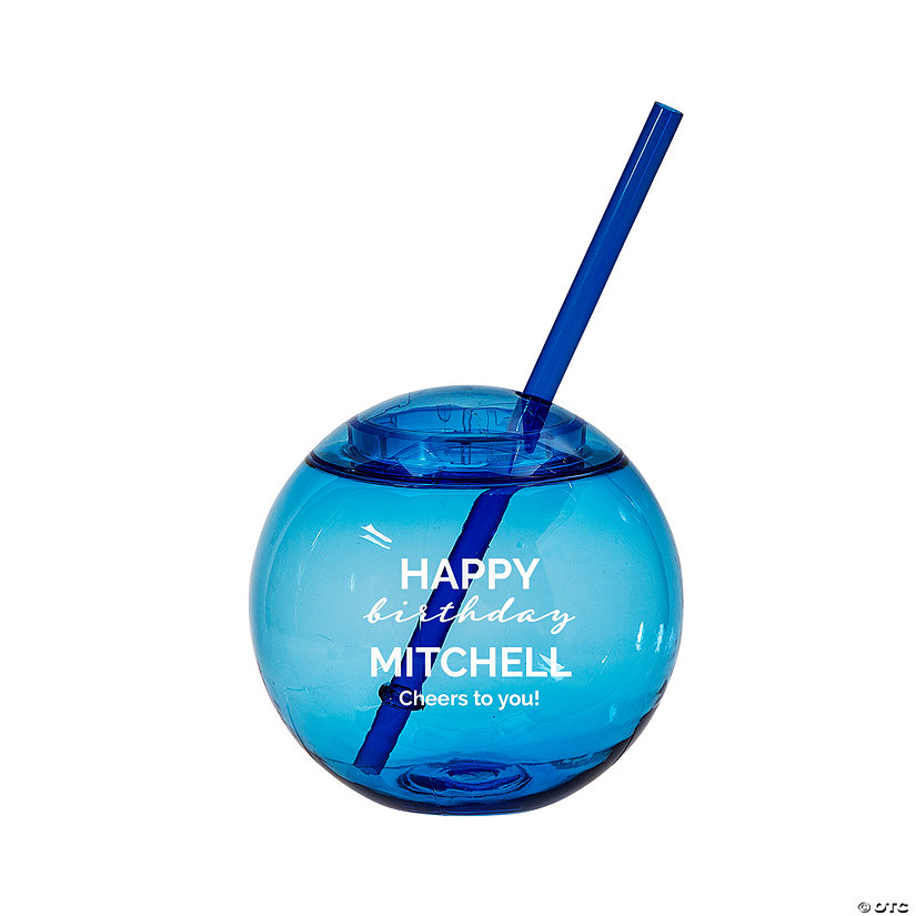 15 oz. Personalized Blue Round Birthday Party Reusable Plastic Cups with Lids & Straws- 50 Ct. Image