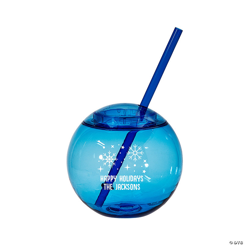 15 oz. Personalized Blue Winter Holidays Round Reusable Plastic Cups with Lids & Straws - 50 Ct. Image