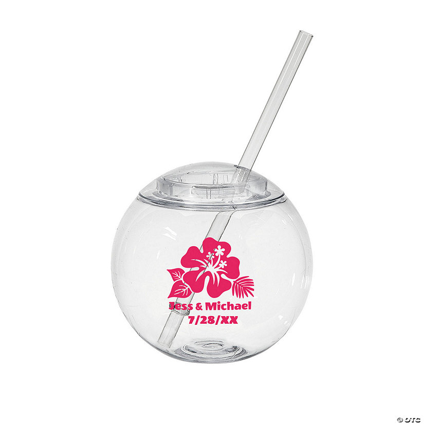 15 oz. Personalized Hibiscus Luau Clear Round Reusable Plastic Cups with Lids & Straws - 50 Ct. Image Thumbnail