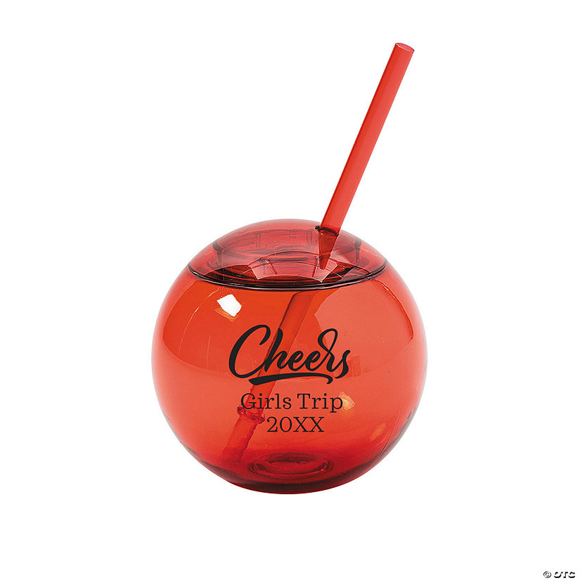 15 oz. Personalized Red Round Cheers Reusable Plastic Cups with Lids & Straws - 50 Ct. Image