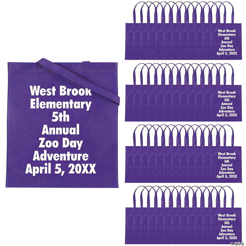 15" x 17" Bulk 300 Pc. Personalized Large Purple Nonwoven Tote Bags Image