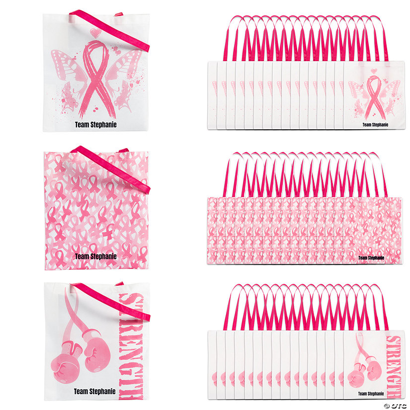 15" x 17" Bulk 48 Pc. Personalized Large Pink Ribbon Tote Bags Image Thumbnail