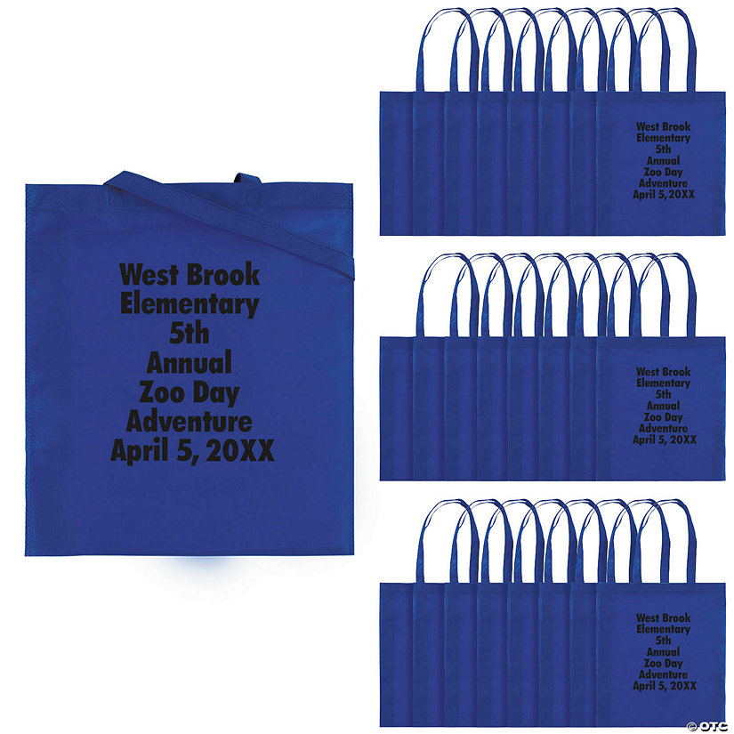 15" x 17" Personalized Large Blue Nonwoven Tote Bags with Text Color Choice - 48 Pc. Image