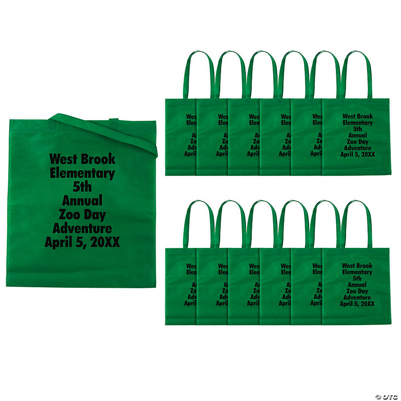 15" x 17" Personalized Large Green Nonwoven Tote Bags with Text Color Choice - 48 Pc. Image