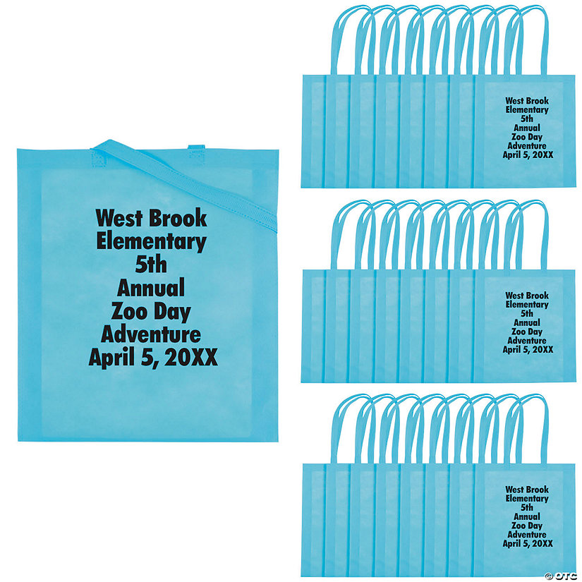 15" x 17" Personalized Large Light Blue Nonwoven Tote Bags with Text Color Choice - 48 Pc. Image