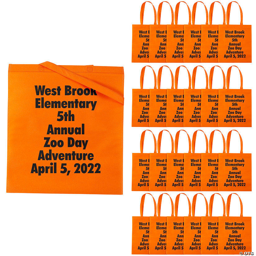 15" x 17" Personalized Large Orange Nonwoven Tote Bags with Text Color Choice - 24 Pc. Image Thumbnail
