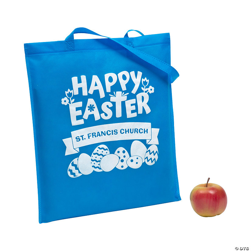15" x 17" Personalized Light Blue Church Egg Hunt Large Tote Bags - 48 Pc. Image