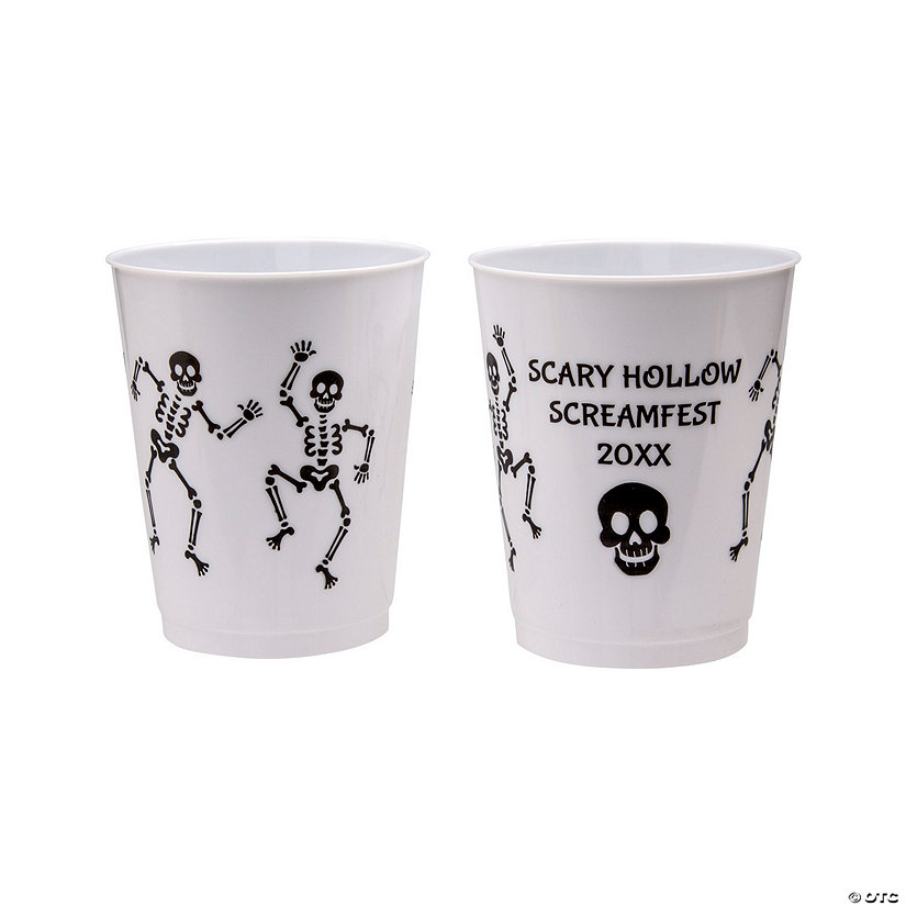 16 oz. Bulk 50 Ct. Personalized Dancing Skeleton White Double-Sided Reusable Plastic Cups Image Thumbnail