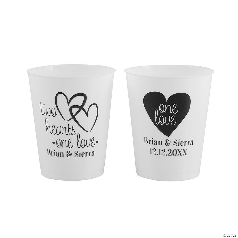 16 oz. Bulk 50 Ct. Personalized Two Hearts Double-Sided White Plastic Cups Image