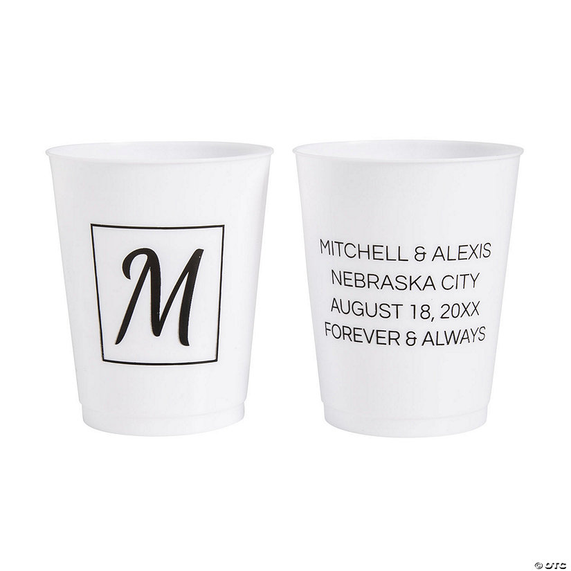 16 oz. Bulk 50 Ct. Personalized White Double-Sided Modern Monogram Reusable Plastic Cups Image