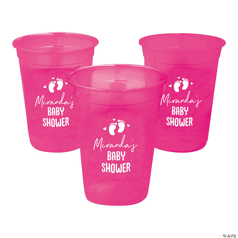 16 oz. Hot Pink Personalized Baby Shower Footprints Disposable Plastic Cups - 40 Ct. Image